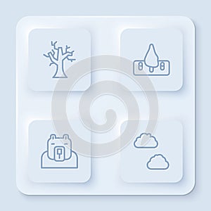 Set line Withered tree, Deforestation, Polar bear head and Cloud. White square button. Vector