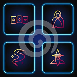 Set line Wizard warlock, Magic fog or smoke, Playing cards and Mantle, cloak, cape. Gradient color icons. Vector
