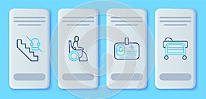 Set line Woman in wheelchair, Identification badge, Disabled elevator and Stretcher icon. Vector