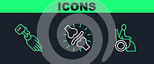 Set line Woman in wheelchair, Prosthesis hand and Joint pain, knee pain icon. Vector
