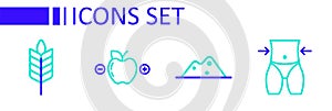 Set line Women waist, Salt, Calorie calculator and Wheat icon. Vector