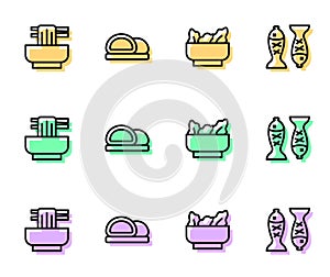 Set line Wonton, Asian noodles in bowl, Sushi and Served fish plate icon. Vector