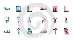 Set line Wood plane tool, Claw hammer, Hand saw, Cement bag, Metallic screw, Drawing compass, Clamp and icon. Vector