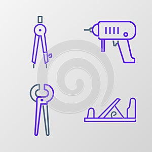 Set line Wood plane tool, Pincers and pliers, Electric drill machine and Drawing compass icon. Vector