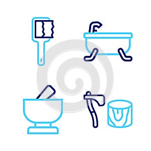 Set line Wooden axe in stump, Mortar and pestle, Bathtub and Sauna brush icon. Vector