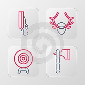 Set line Wooden axe, Target sport, Deer antlers on shield and Shotgun icon. Vector