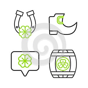 Set line Wooden barrel with four leaf clover, Four in speech bubble, Tradition leprechaun boots and Horseshoe icon