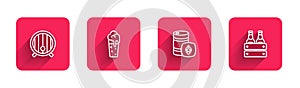 Set line Wooden barrel, Glass of beer, Metal keg and Pack bottles with long shadow. Red square button. Vector