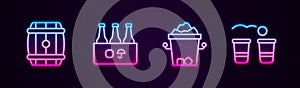 Set line Wooden barrel, Pack of beer bottles, Ice bucket and Beer pong game. Glowing neon icon. Vector