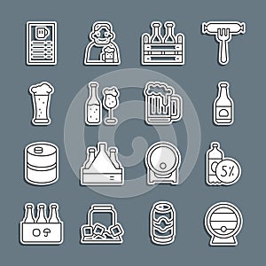 Set line Wooden barrel on rack, Beer bottle, Pack of beer bottles, and glass, Glass, menu and mug icon. Vector