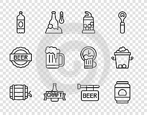 Set line Wooden barrel on rack, Beer can, Bottle opener, bottle, Plastic beer, mug, Street signboard with and Ice bucket