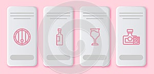 Set line Wooden barrel, Wine bottle, glass and Whiskey and. White rectangle button. Vector