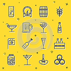 Set line Wooden barrels, Pack of beer bottles, Beer, mug, Cocktail, Effervescent tablets in water and icon. Vector