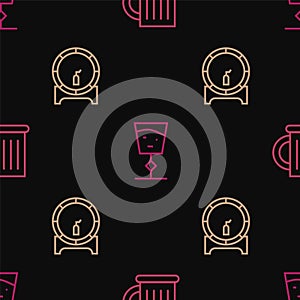 Set line Wooden beer mug, barrel on rack and Wine glass on seamless pattern. Vector