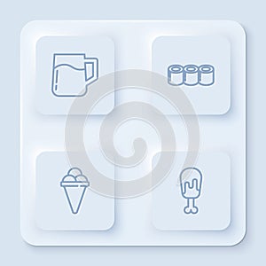 Set line Wooden beer mug, Sushi, Ice cream in waffle cone and Chicken leg. White square button. Vector