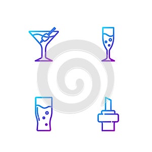 Set line Wooden cork for wine, Glass of beer, Martini glass and champagne. Gradient color icons. Vector