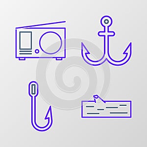 Set line Wooden log, Fishing hook, Anchor and Radio with antenna icon. Vector