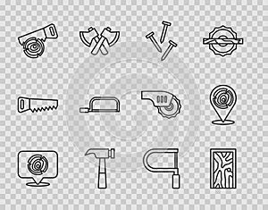 Set line Wooden logs, Closed door, Metallic nails, Hammer, Hand saw and, Hacksaw, and icon. Vector