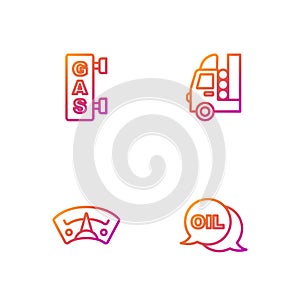Set line Word oil, Motor gas gauge, Gas filling station and tank for vehicle. Gradient color icons. Vector