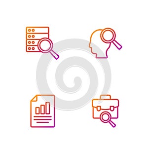 Set line Work search, Document with graph chart, Server and Search people. Gradient color icons. Vector