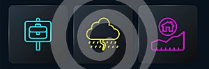 Set line Work search, Rising cost of housing and Cloud with rain. Black square button. Vector