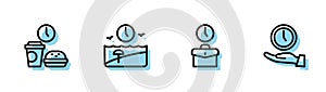 Set line Work time, Fast food, Vacation and Clock icon. Vector