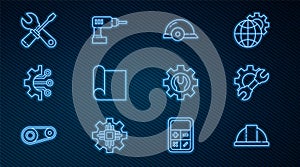 Set line Worker safety helmet, Wrench spanner and gear, Graphing paper for engineering, Algorithm, Screwdriver wrench