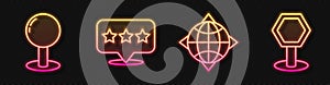 Set line World globe with compass, Push pin, Map pointer with star and Road traffic sign. Glowing neon icon. Vector