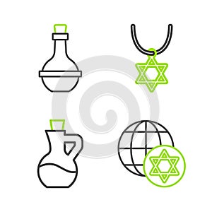 Set line World Globe and Israel, Bottle of olive oil, Star David necklace on chain and Jewish wine bottle icon. Vector