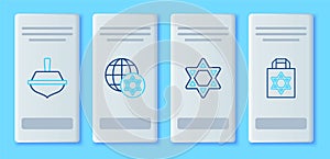 Set line World Globe and Israel, Star of David, Hanukkah dreidel and Shopping bag with star david icon. Vector