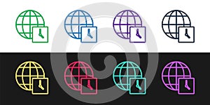 Set line World time icon isolated on black and white background. Clock and globe. Vector