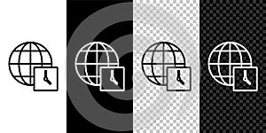 Set line World time icon isolated on black and white background. Clock and globe. Vector