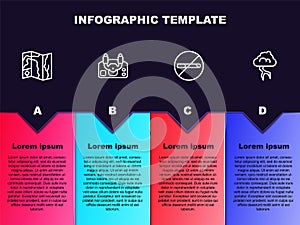 Set line World travel map, Aircraft steering helm, No Smoking and Storm. Business infographic template. Vector