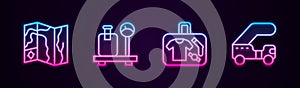 Set line World travel map, Scale with suitcase, Suitcase and Passenger ladder. Glowing neon icon. Vector