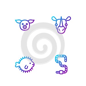 Set line Worm, Puffer fish, Pig and Rhinoceros. Gradient color icons. Vector