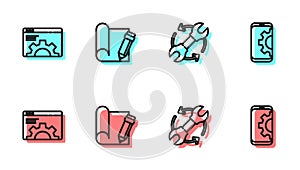 Set line Wrench and arrows as workflow, Browser setting, Graphing paper pencil and Setting on smartphone icon. Vector
