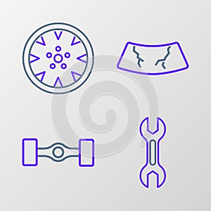Set line Wrench spanner, Chassis car, Broken windshield and Alloy wheel icon. Vector