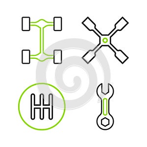 Set line Wrench spanner, Gear shifter, Wheel wrench and Chassis car icon. Vector