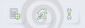 Set line Wrench spanner, House with trowel and Security keypad access panel icon. Vector