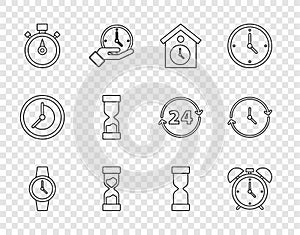 Set line Wrist watch, Alarm clock, Retro wall, Old hourglass, Stopwatch, and Clock icon. Vector