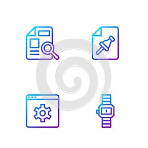 Set line Wrist watch, Browser setting, Document with graph chart and Note paper push button. Gradient color icons