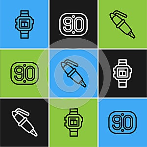 Set line Wrist watch, Fountain pen nib and 90s Retro icon. Vector