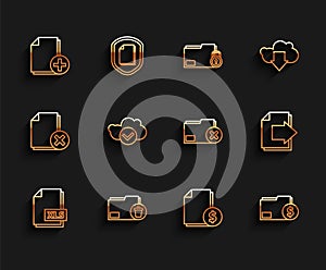 Set line XLS file document, Delete folder, Add new, Finance, Cloud with check mark, Next page arrow and icon. Vector