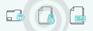 Set line XLS file document, Delete folder and Document and lock icon. Vector