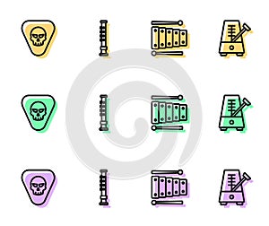 Set line Xylophone, Guitar pick, Flute and Metronome with pendulum icon. Vector