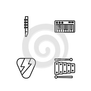 Set line Xylophone, Guitar pick, Flute and Music synthesizer icon. Vector