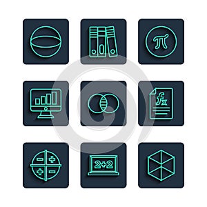 Set line XYZ Coordinate system, Chalkboard, Geometric figure Cube, Pi symbol, Mathematics sets A and B, Computer monitor