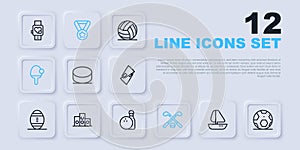 Set line Yacht sailboat, Soccer football ball, Hockey puck, Ice hockey sticks and, Racket, Award over sports winner