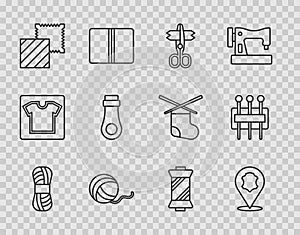 Set line Yarn, Leather, Scissors, ball, Textile fabric roll, Zipper, Sewing thread on spool and Needle for sewing icon