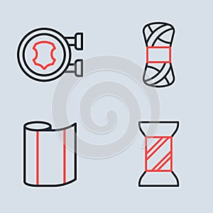Set line Yarn, Textile fabric roll, Sewing thread on spool and Leather icon. Vector